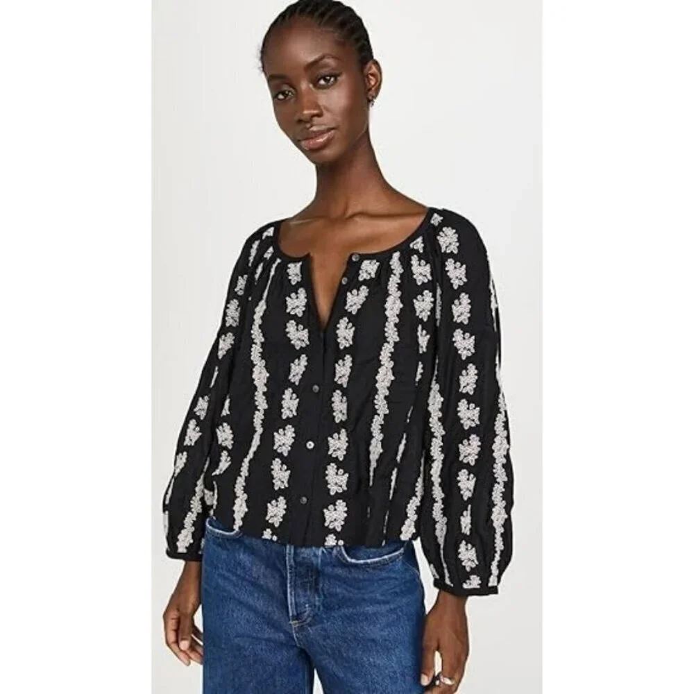 💕MADEWELL💕 Embroidered Puff Sleeve A-Line Top ~ True Black Medium M NWOT